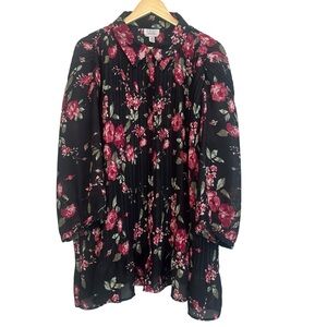 VINTAGE Women's PLUS 2X Black Pink Floral Rose Pleated Work Casual Soft Blouse